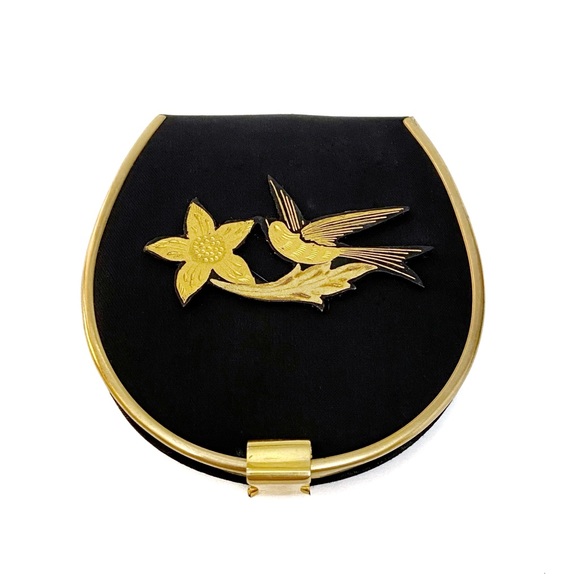 Vintage Accessories - Vintage Black Satin Golden Damascene Floral Bird Appliqué Powder Mirror Compact
